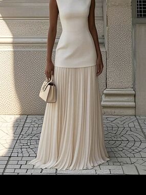 Cream Pleated Maxi Skirt for Women — Sleek Everyday Elegance